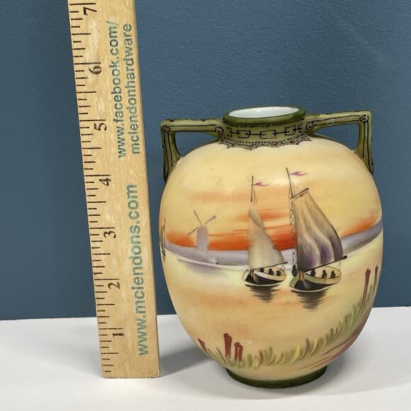 Old Noritake Handpainted Vase & Dish Sailing Ship Windmill Japan - Picture 8 of 16